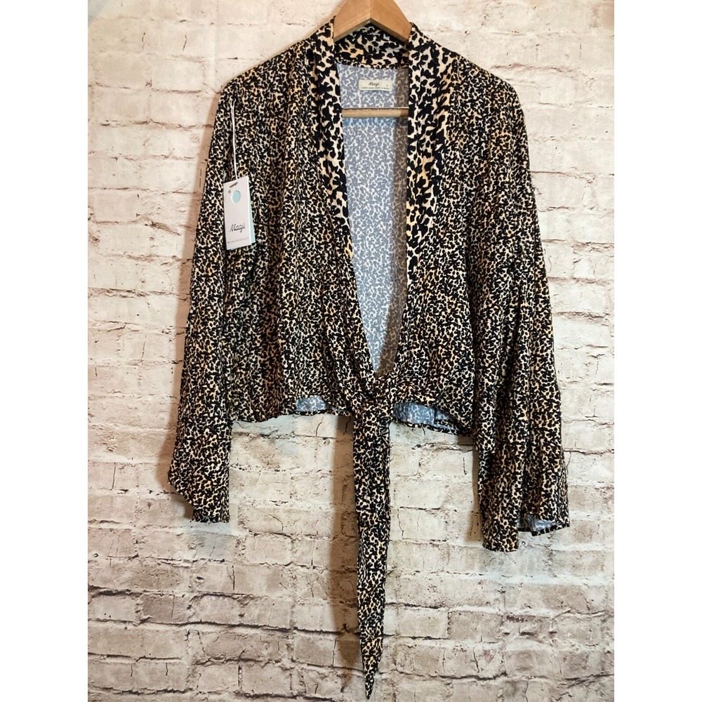 NEW Maaji Women Brown Leopard Cheetah Tie Front Flared Sleeve Boho Crop Top L